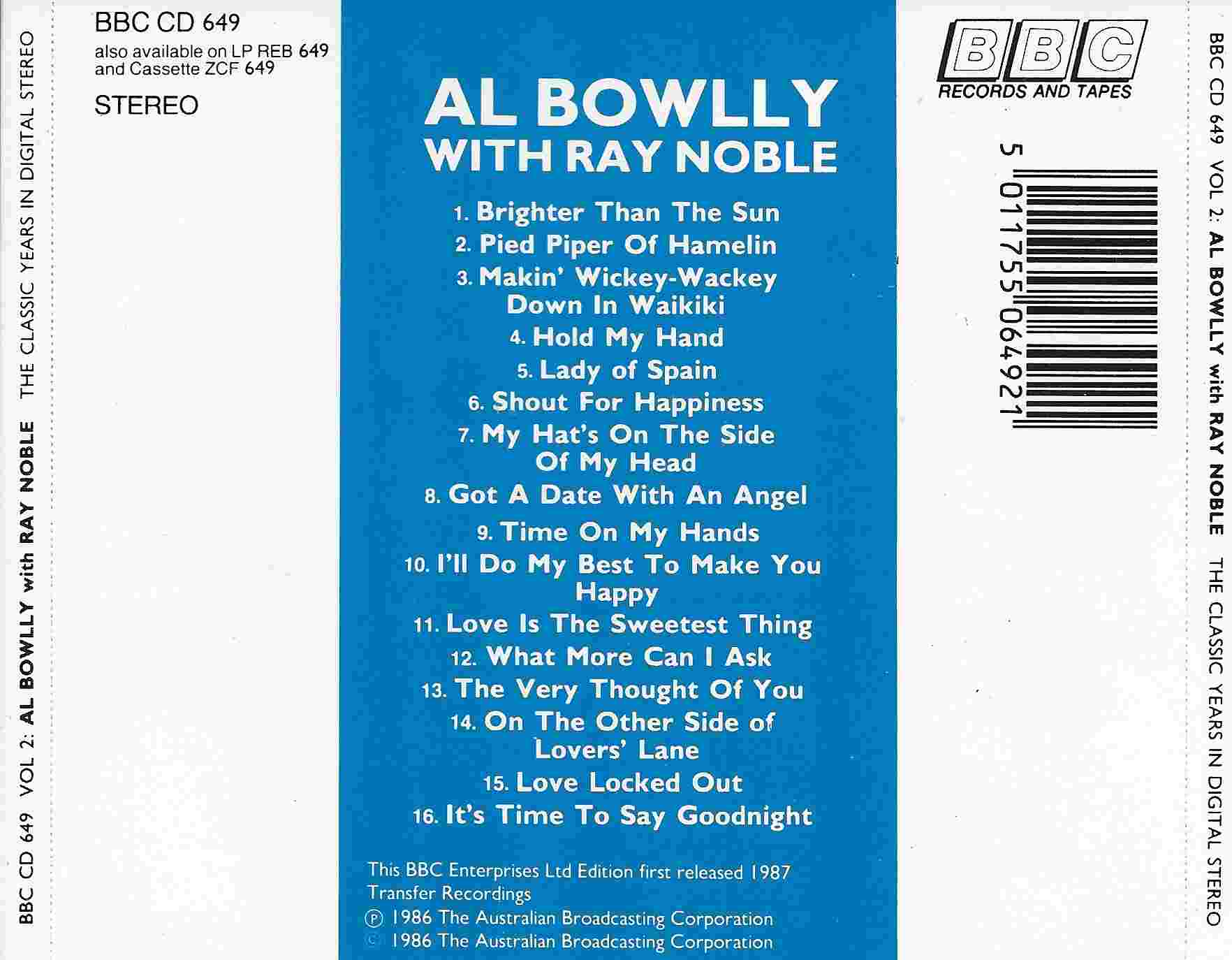 Picture of BBCCD649 Classic years - Volume 2, Al Bowlly by artist Al Bowlly from the BBC records and Tapes library